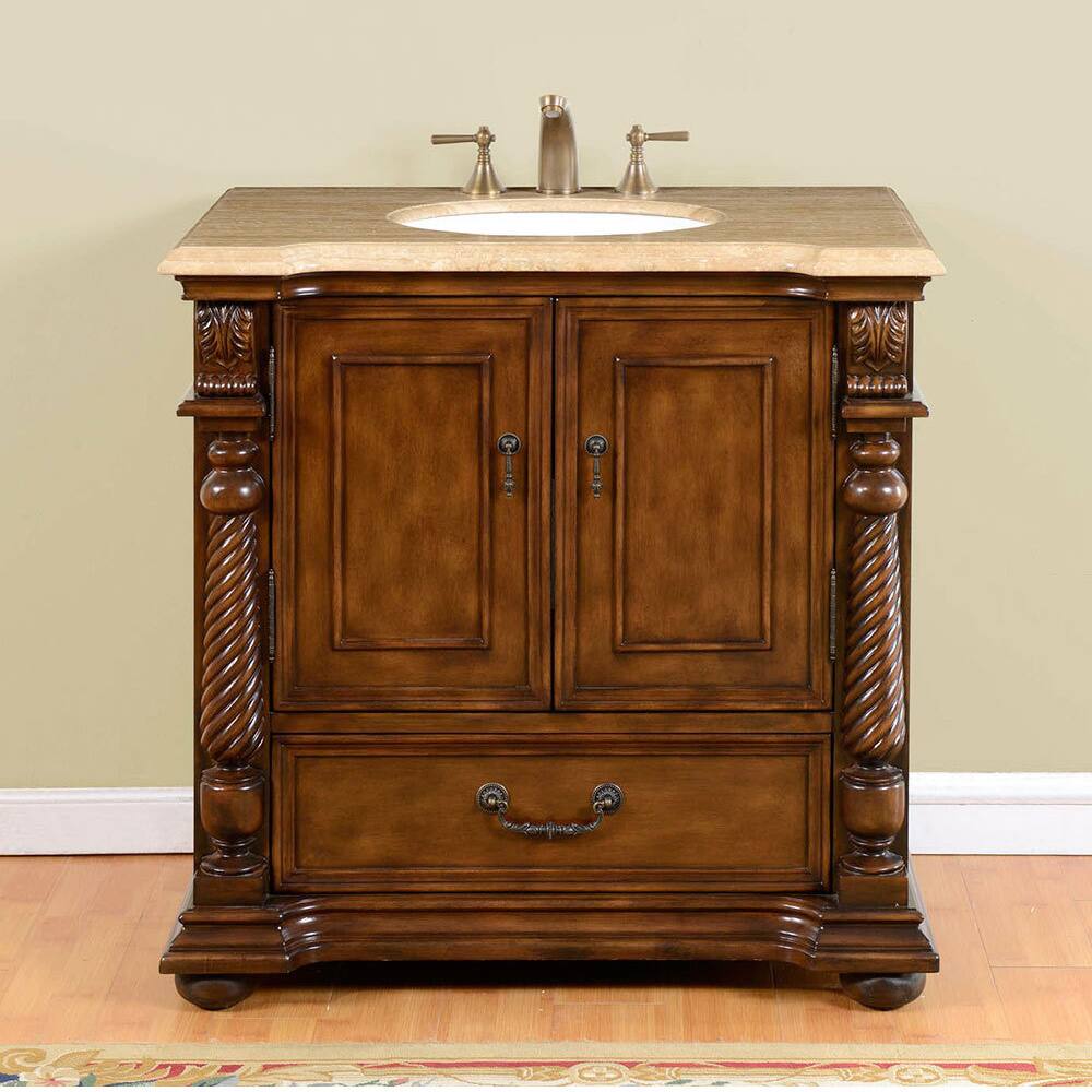 Silkroad Exclusive 36-inch Walnut Travertine Stone Top Single-sink Bathroom Vanity