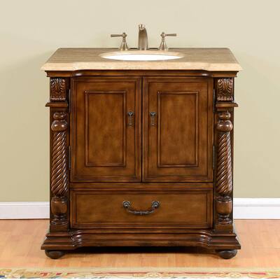 Silkroad Exclusive 36-inch Walnut Travertine Stone Top Single-sink Bathroom Vanity