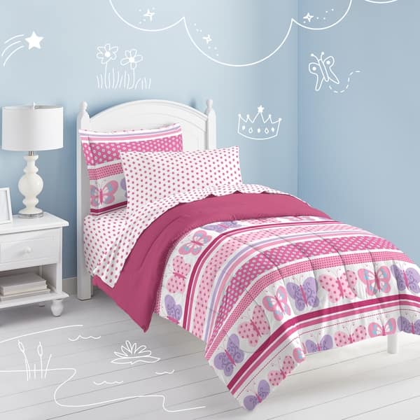 slide 2 of 8, Dream Factory Butterfly Dots Pink 7-piece Bed in a Bag with Sheet Set