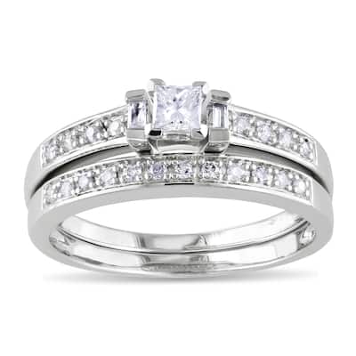 Miadora Sterling Silver 1/3ct TDW Princess, Baguette and Round-cut Diamond Bridal Ring Set