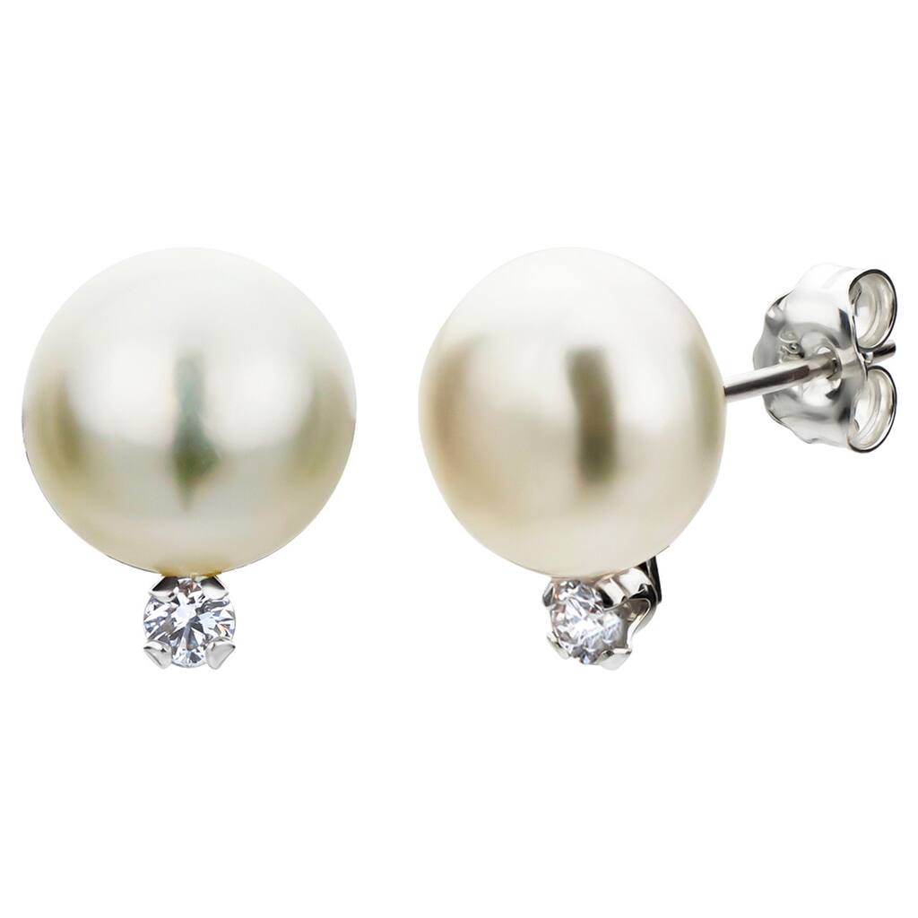 DaVonna Sterling Silver White Pearl and Diamond Stud Earrings (G-H, SI1-SI2) (8-9 mm)