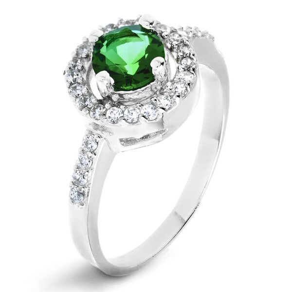 ELYA Sterling Silver Round Cut Emerald Cubic Zirconia Halo Ring