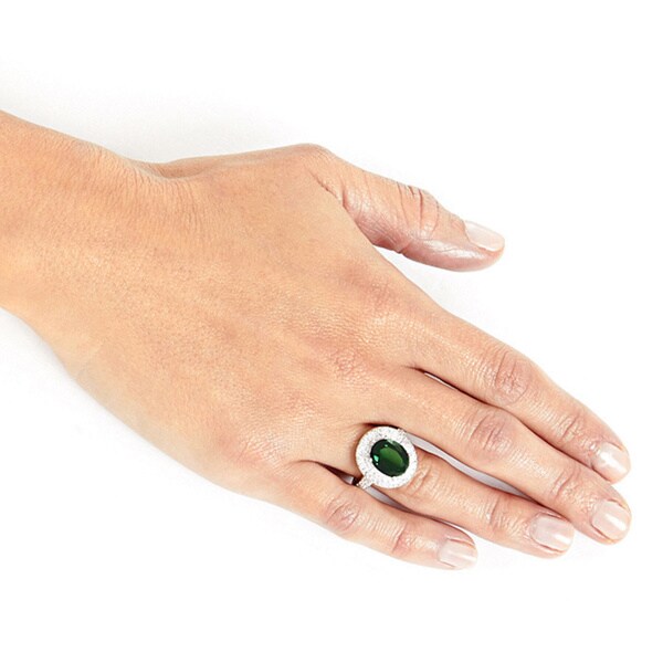 ELYA Sterling Silver Oval Cut Emerald Cubic Zirconia Double Halo Ring