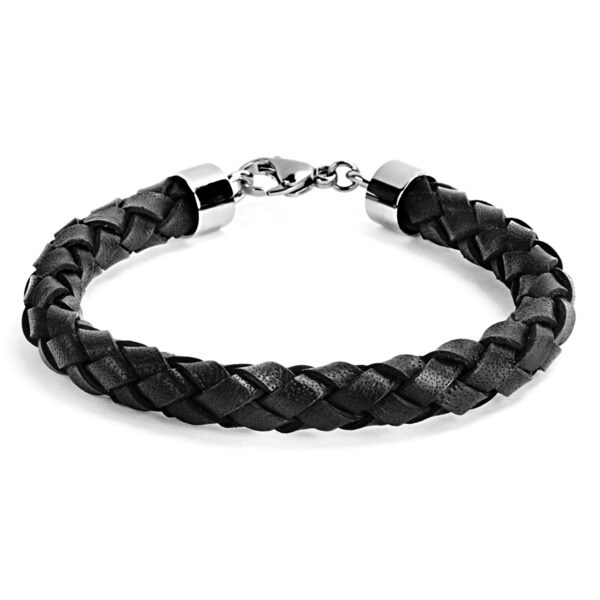 Stainless Steel and Black Braided Leather Men's Bracelet - Overstock ...