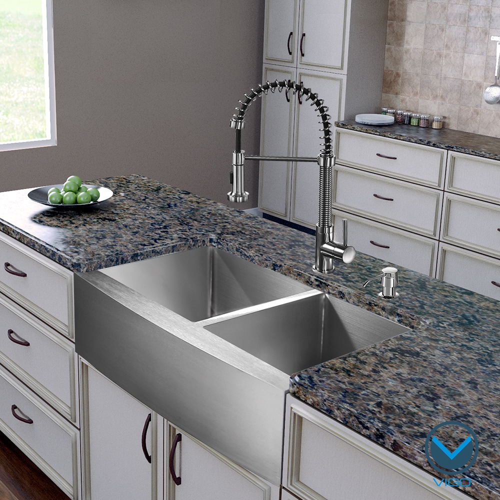 Vigo All In One 36 inch Farmhouse Stainless Steel Double Bowl Kitchen Sink And Faucet Set