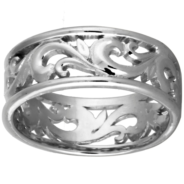 14k White Gold Floral Paisley Design Comfort Fit Men's Wedding Bands