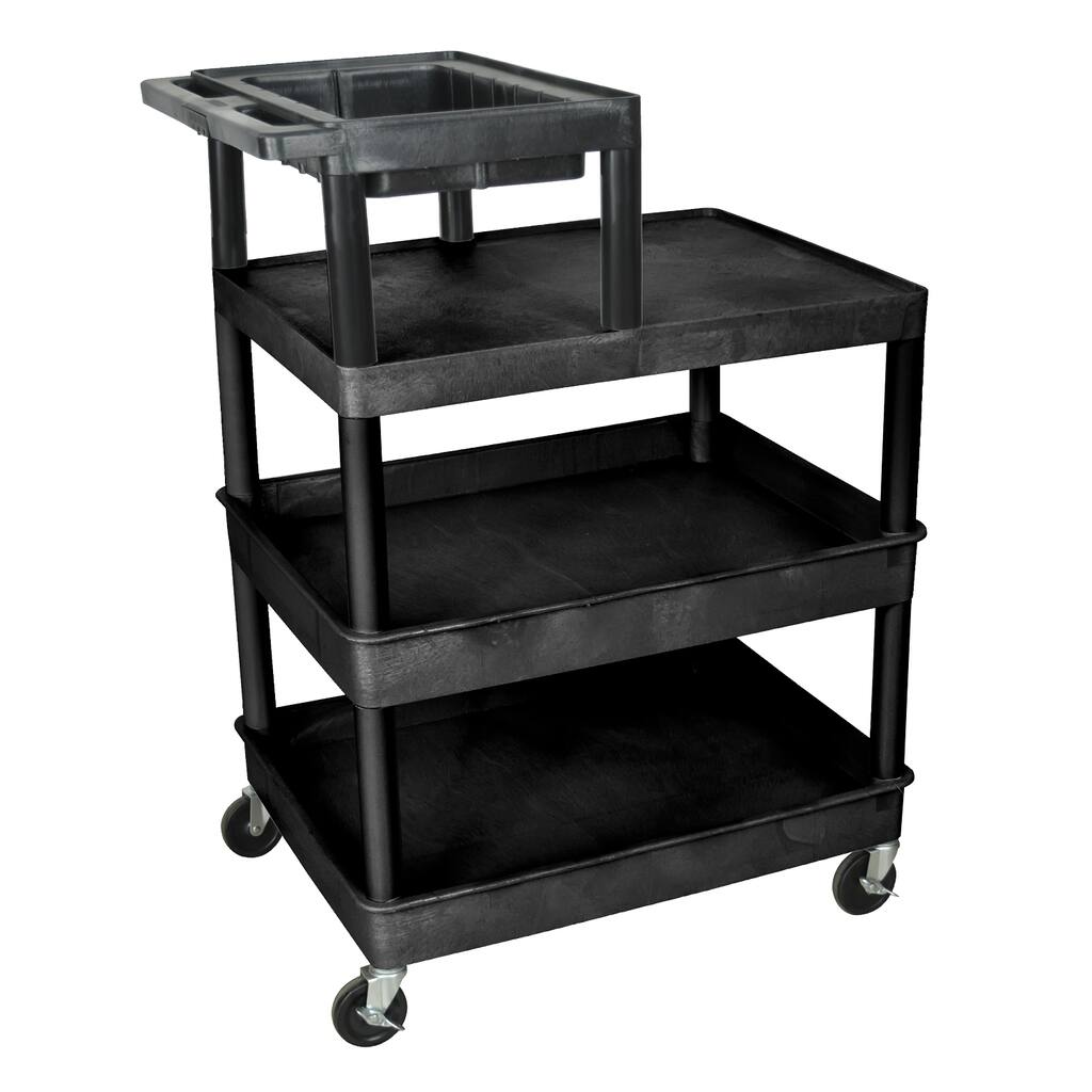 Offex Black Rolling 4 Tub Flat Shelf Plastic Service Utility Cart With Casters