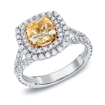 Auriya 2 1/2ctw Fancy Yellow Cushion-cut Halo Diamond Engagement Ring 18k Gold Certified