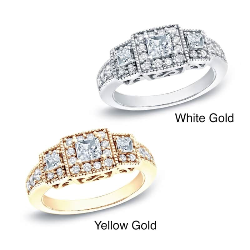 Auriya Vintage 3/4ctw Princess Cut 3-Stone Halo Diamond Engagement Ring 14k Gold