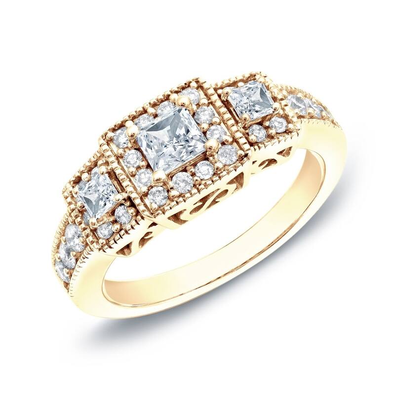 Auriya Vintage 3/4ctw Princess Cut 3-Stone Halo Diamond Engagement Ring 14k Gold - Yellow - 4