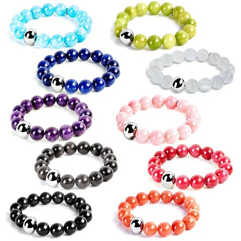 ELYA Stainless Steel and Dyed Jade Bead Stretch Bracelet - 7 Inches