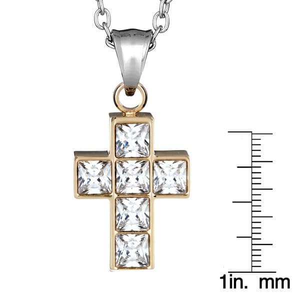 Stainless Steel Princess-cut Cubic Zirconia Cross Necklace