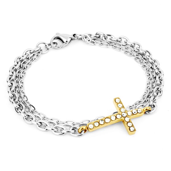ELYA Two-Tone Stainless Steel Crystal Sideways Cross Bracelet - White