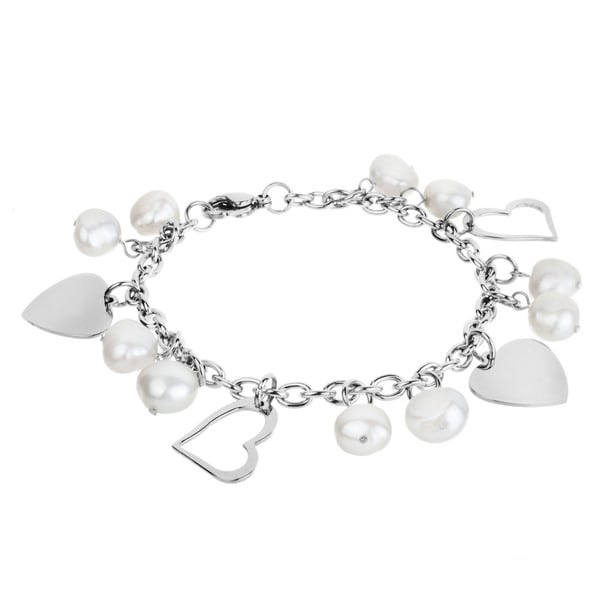 Stainless Steel Freshwater Pearl and Heart Charm Bracelet (9 10 mm)