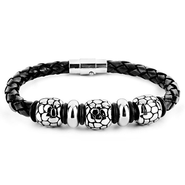 Crucible Men's Braided Black Leather and Stainless Steel Bead Bracelet ...