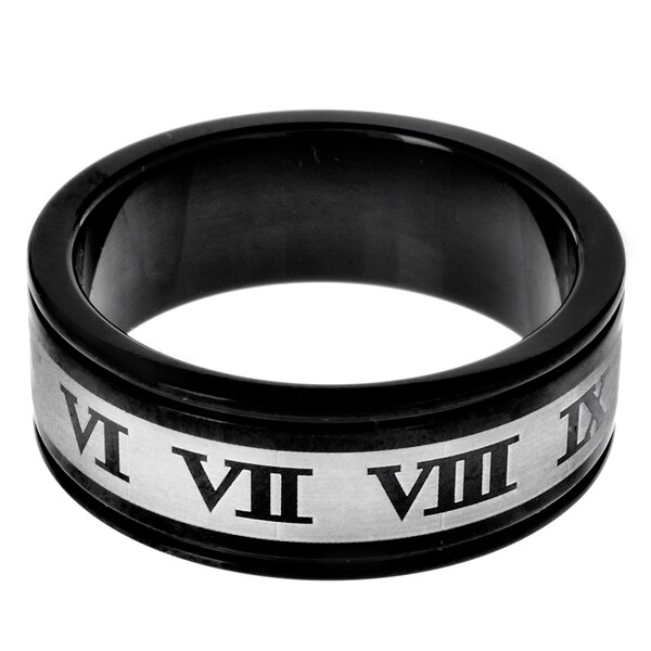Stainless Steel Black 2 Color Roman Numeral Spinning Flat Band Ring