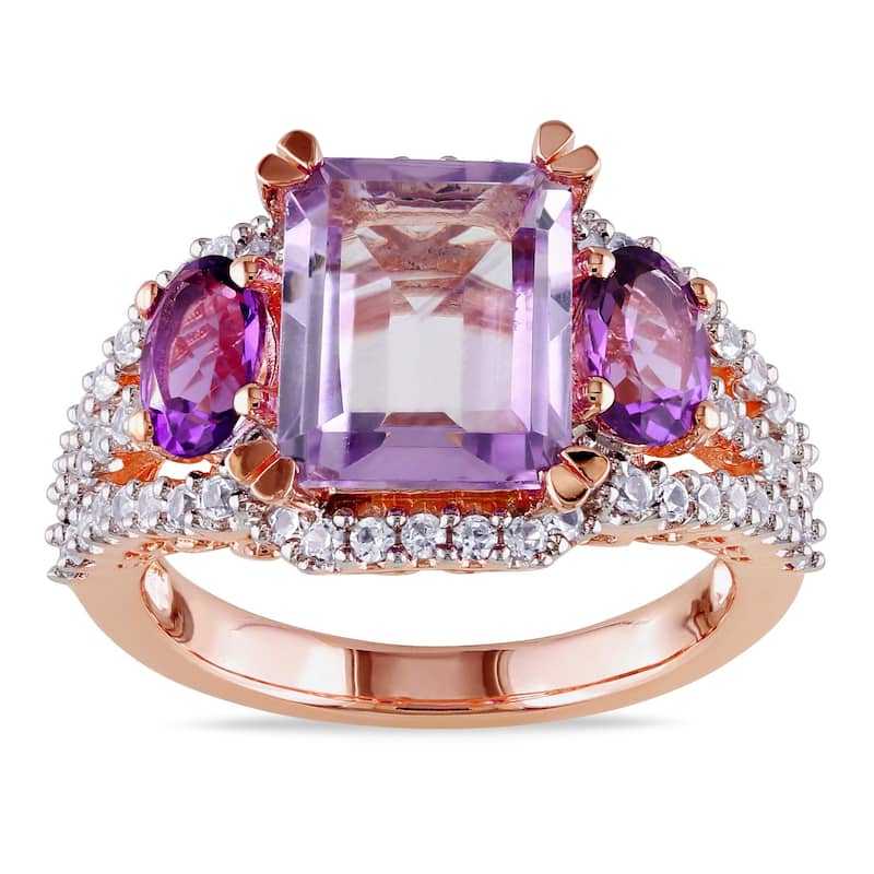 Miadora Rose-plated Silver Created White Sapphire, Rose de France and Amethyst Ring