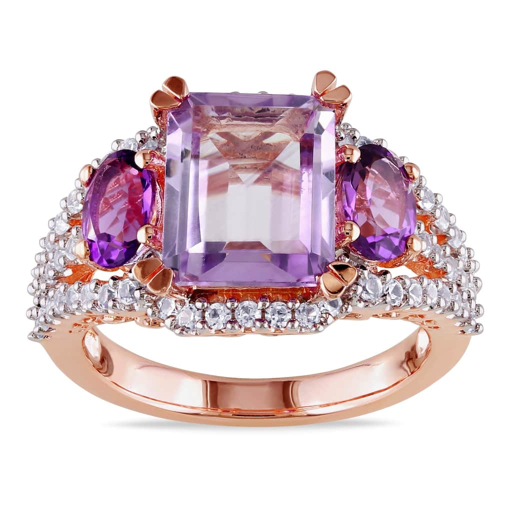 Miadora Rose-plated Silver Created White Sapphire, Rose de France and Amethyst Ring