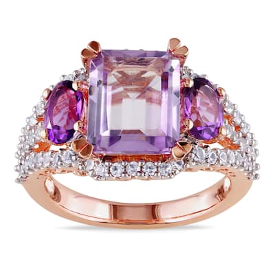 Miadora Rose-plated Silver Created White Sapphire, Rose de France and Amethyst Ring