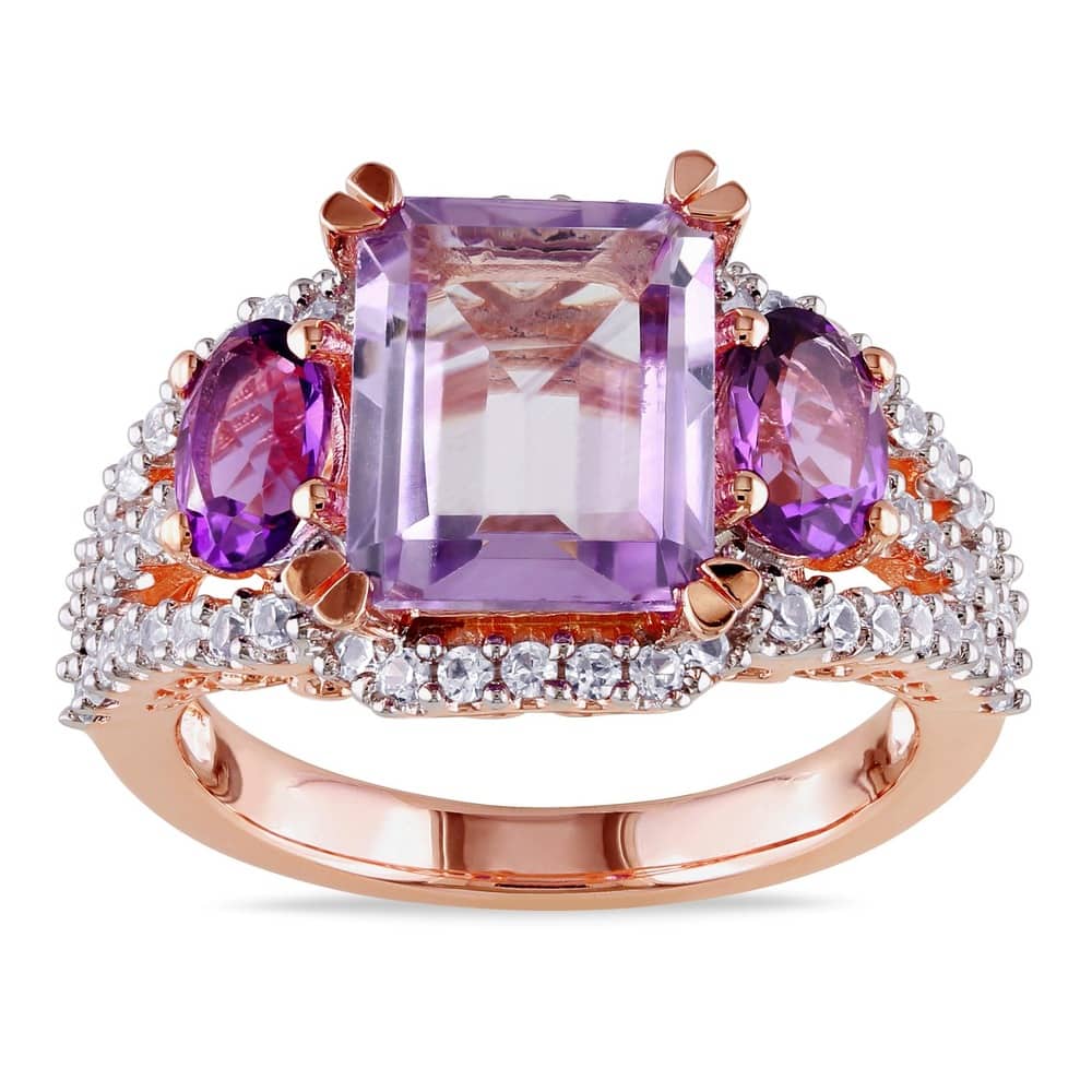 Miadora Rose-plated Silver Created White Sapphire, Rose de France and Amethyst Ring