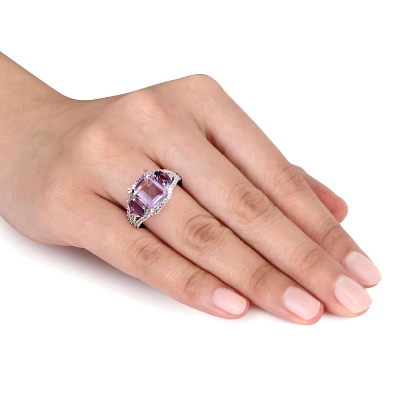 Miadora Rose-plated Silver Created White Sapphire, Rose de France and Amethyst Ring