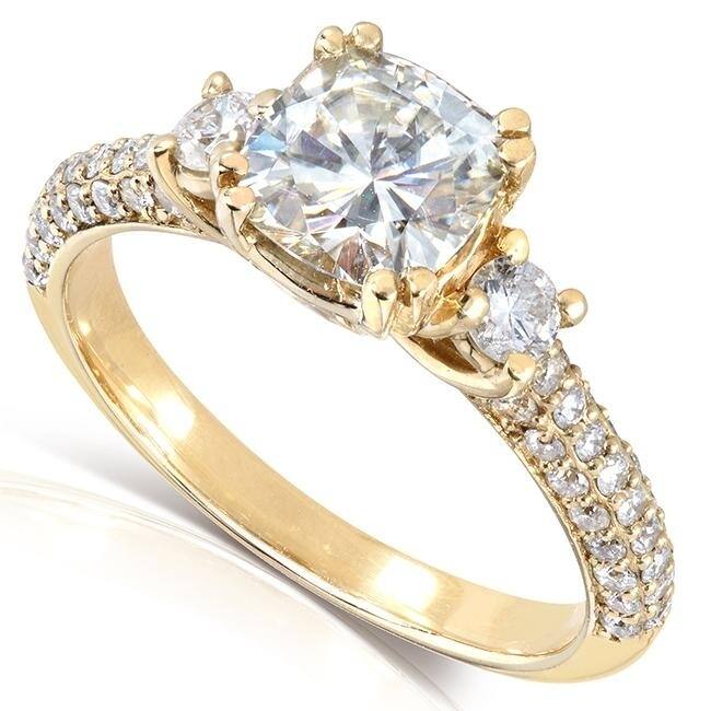 Annello by Kobelli 14k Gold 1 1/2ct TGW Cushion-cut Moissanite and Diamond 3-Stone Pave Engagement Ring (GH/VS, GH/I)