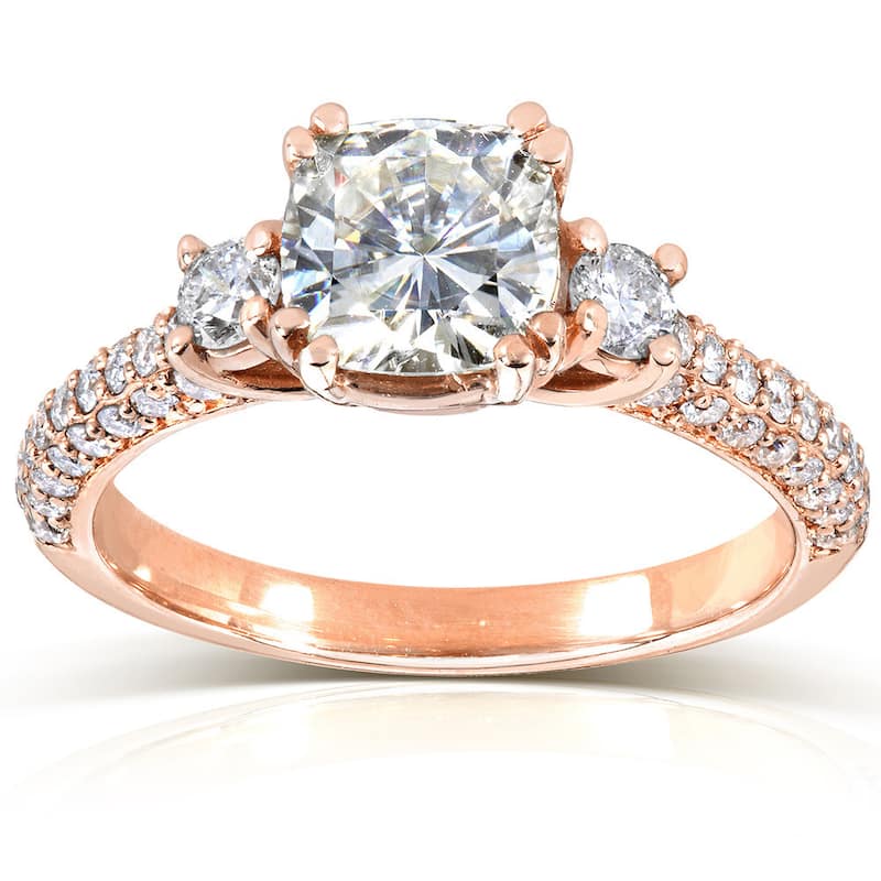 Annello by Kobelli 14k Gold 1 1/2ct TGW Cushion-cut Moissanite and Diamond 3-Stone Pave Engagement Ring (GH/VS, GH/I) - 4 - Rose