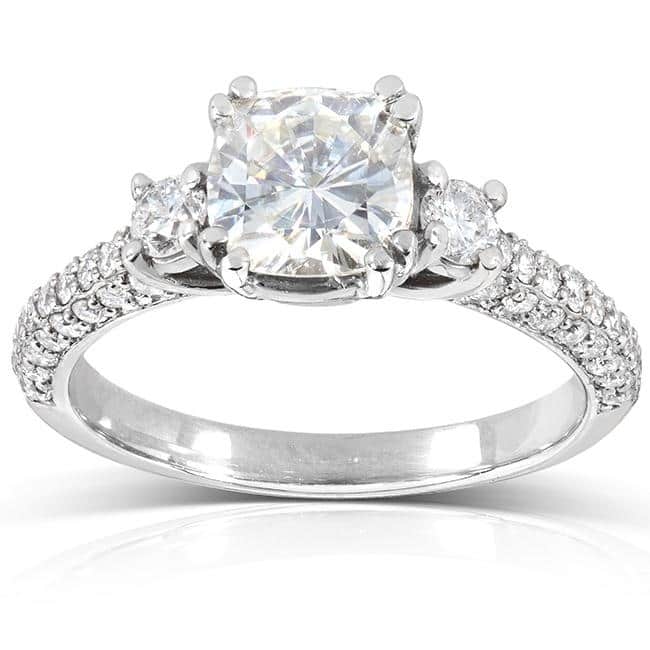Annello by Kobelli 14k Gold 1 1/2ct TGW Cushion-cut Moissanite and Diamond 3-Stone Pave Engagement Ring (GH/VS, GH/I)