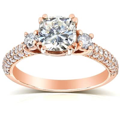 Annello by Kobelli 14k Gold 1 1/2ct TGW Cushion-cut Moissanite and Diamond 3-Stone Pave Engagement Ring (GH/VS, GH/I)