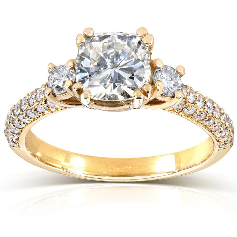 Annello by Kobelli 14k Gold 1 1/2ct TGW Cushion-cut Moissanite and Diamond 3-Stone Pave Engagement Ring (GH/VS, GH/I) - 4 - Yellow