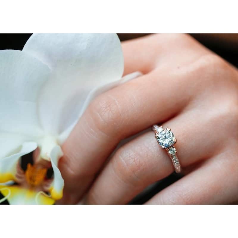 Annello by Kobelli 14k Gold 1 1/2ct TGW Cushion-cut Moissanite and Diamond 3-Stone Pave Engagement Ring (GH/VS, GH/I)