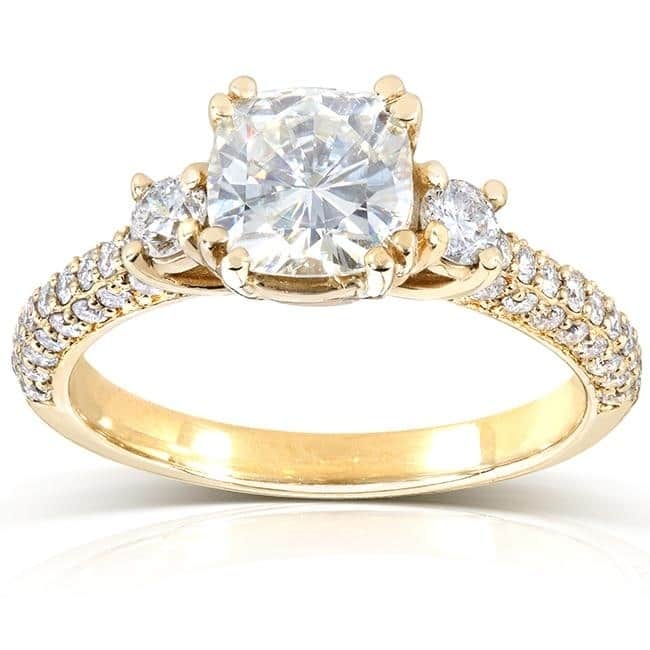 Annello by Kobelli 14k Gold 1 1/2ct TGW Cushion-cut Moissanite and Diamond 3-Stone Pave Engagement Ring (GH/VS, GH/I)