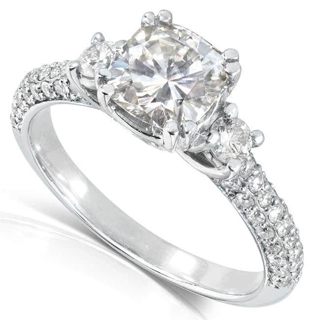 Annello by Kobelli 14k Gold 1 1/2ct TGW Cushion-cut Moissanite and Diamond 3-Stone Pave Engagement Ring (GH/VS, GH/I)