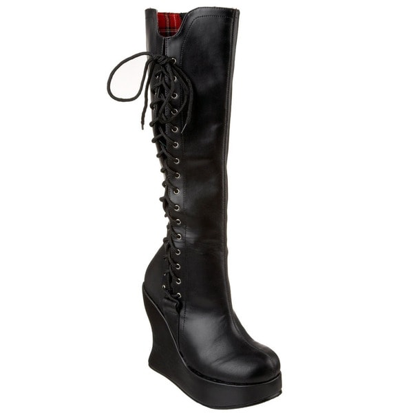 Demonia Women's 'Bravo 100' Black Corset back Wedge Boots Demonia Boots