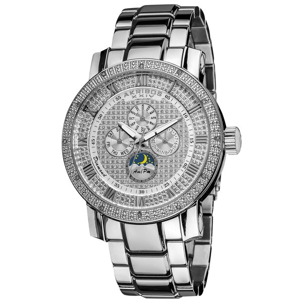 Akribos XXIV Men's Pave Dial Crystal Accent Stainless Steel Silver-Tone Bracelet Watch