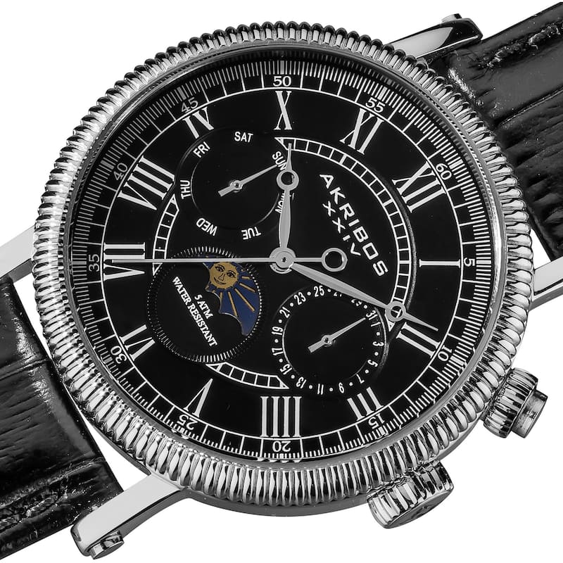 Akribos XXIV Men's Swiss Quartz Multifunction Leather Black Strap Watch