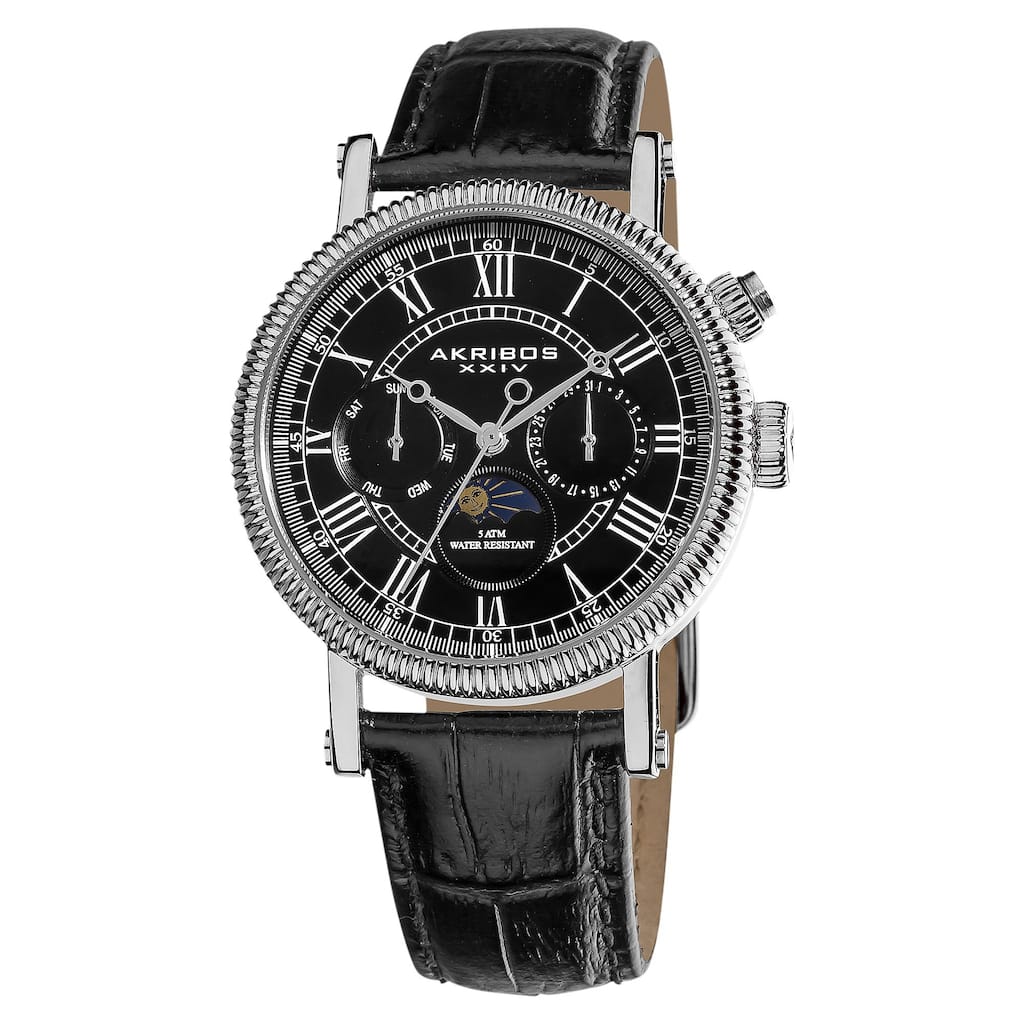Akribos XXIV Men's Swiss Quartz Multifunction Leather Black Strap Watch