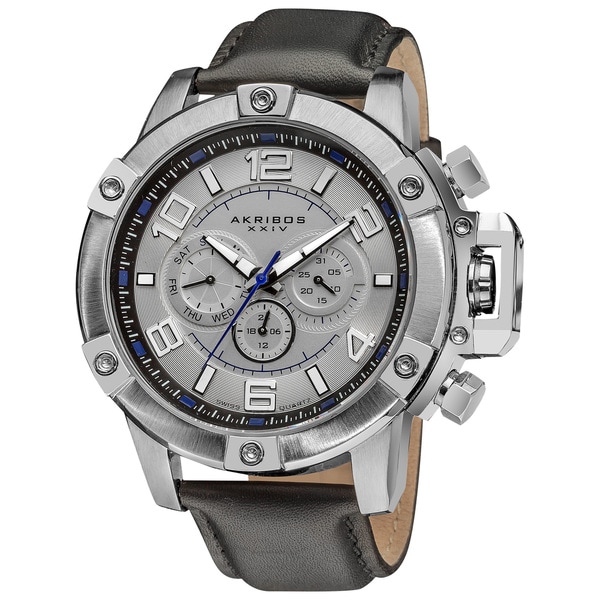 Akribos XXIV Men's Multifunction Day/Date Decorative Screws Leather White Strap Watch