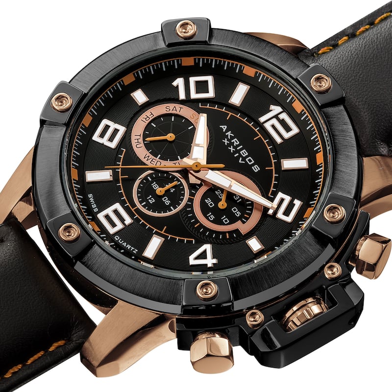 Akribos XXIV Men's Black Decorative Screws Leather Rose-Tone Strap Watch
