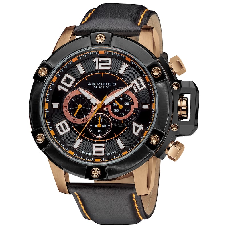 Akribos XXIV Men's Black Decorative Screws Leather Rose-Tone Strap Watch