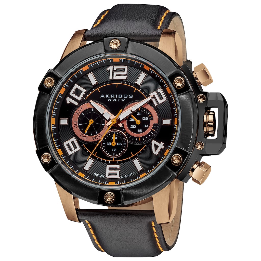 Akribos XXIV Men's Black Decorative Screws Leather Rose-Tone Strap Watch