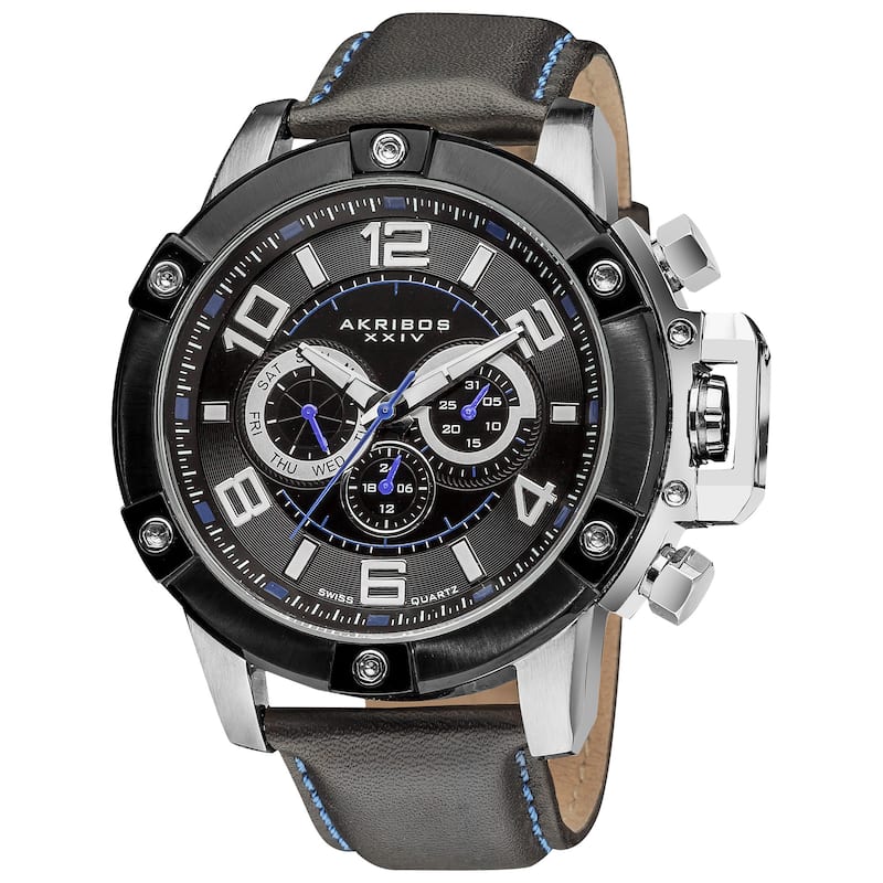 Akribos XXIV Men's Day/Date Decorative Screws Water Resistant Leather Silver-Tone Strap Watch
