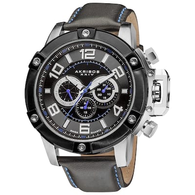 Akribos XXIV Men's Day/Date Decorative Screws Water Resistant Leather Silver-Tone Strap Watch