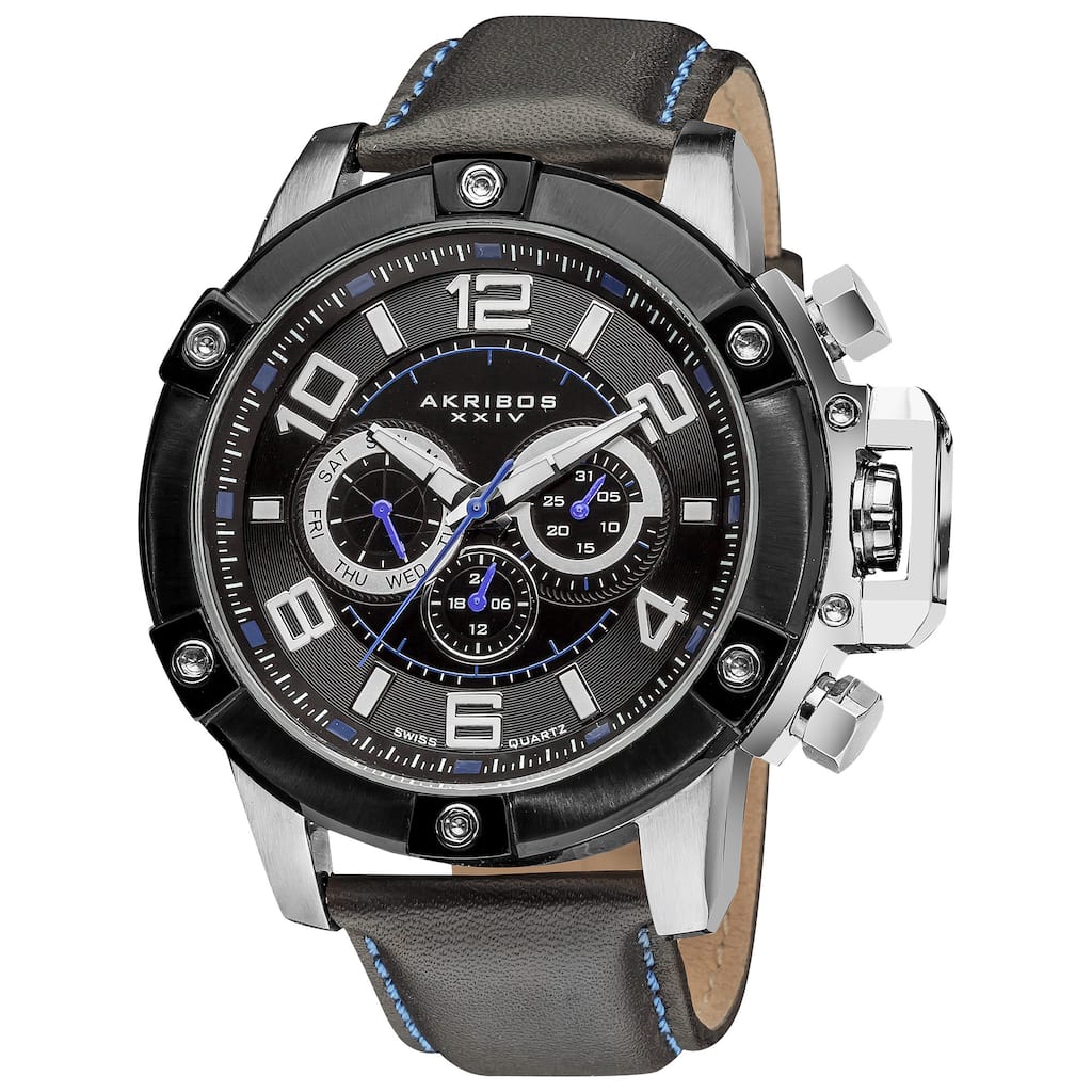 Akribos XXIV Men's Day/Date Decorative Screws Water Resistant Leather Silver-Tone Strap Watch