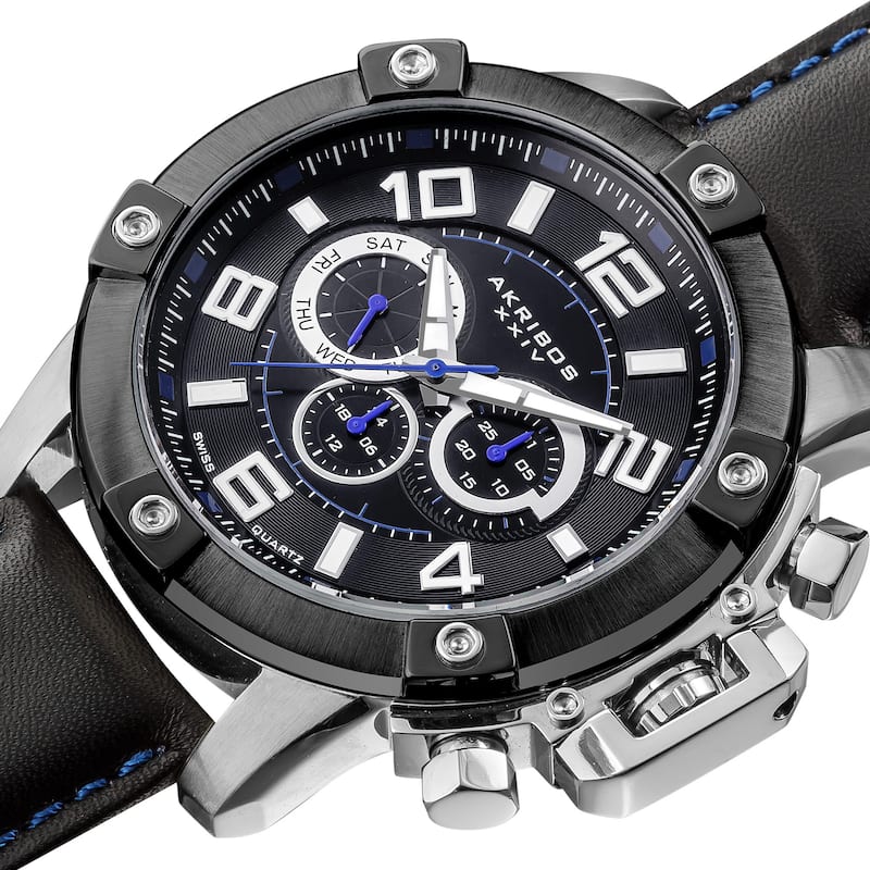Akribos XXIV Men's Day/Date Decorative Screws Water Resistant Leather Silver-Tone Strap Watch