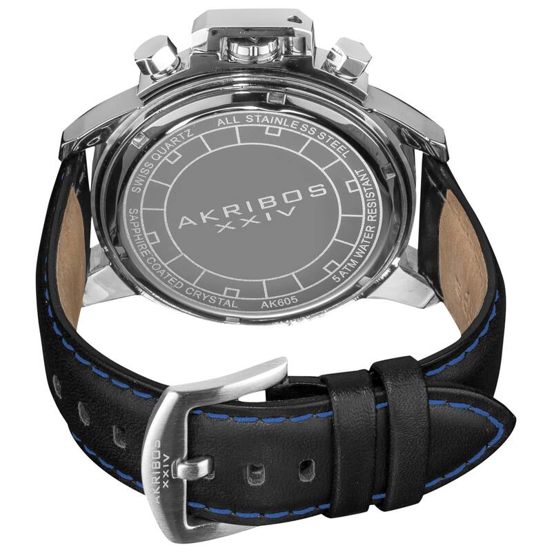 Akribos XXIV Men's Day/Date Decorative Screws Water Resistant Leather Silver-Tone Strap Watch