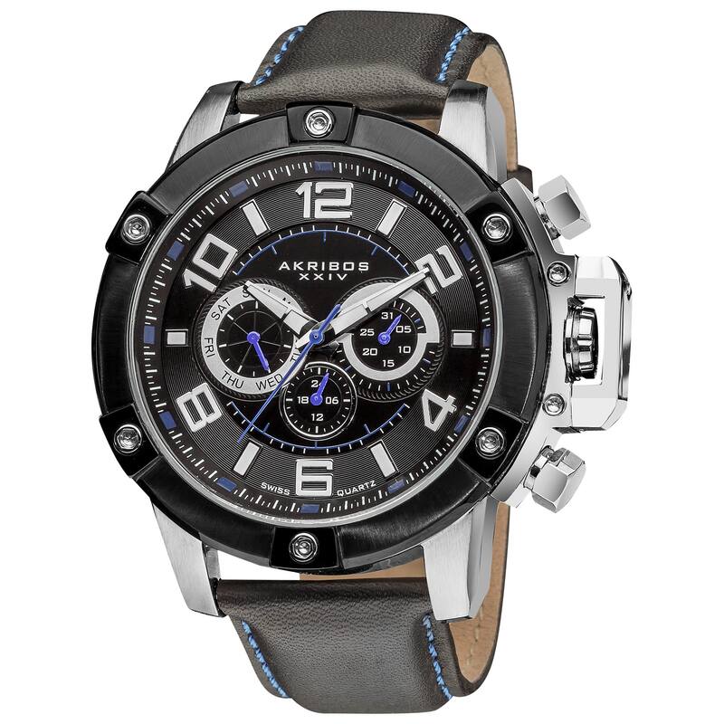 Akribos XXIV Men's Day/Date Decorative Screws Water Resistant Leather Silver-Tone Strap Watch