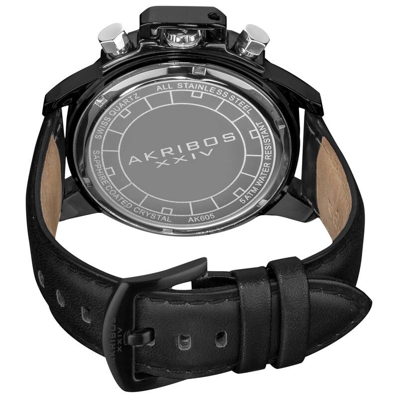 Akribos XXIV Men's Swiss Quartz Day/Date Decorative Screws Leather Black Strap Watch