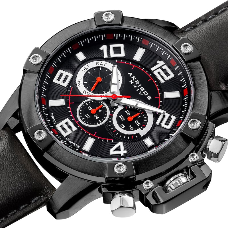 Akribos XXIV Men's Swiss Quartz Day/Date Decorative Screws Leather Black Strap Watch
