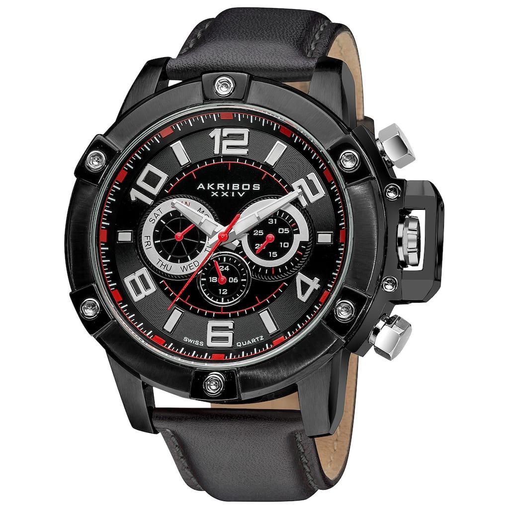 Akribos XXIV Men's Swiss Quartz Day/Date Decorative Screws Leather Black Strap Watch